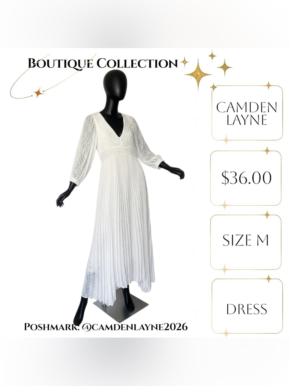 V-Neck White Pleated Maxi Dress with Sheer Long Sleeves - Picture 7 of 10